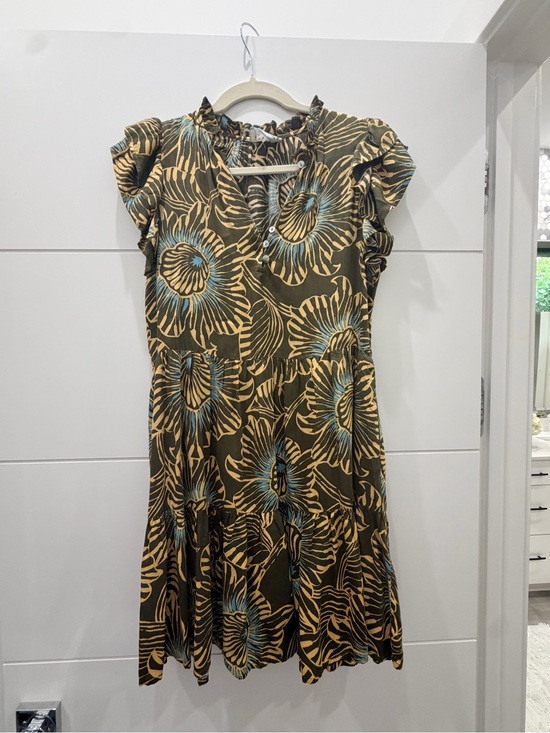 Omika Dresses & Skirts - Omika Olive Floral Midi Dress with Tan and Blue Accents